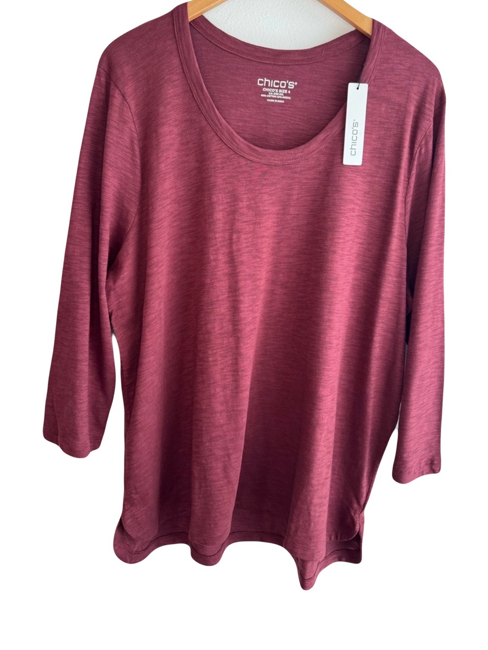 Chico's Long Sleeve Scoop Neck Tee in Berry